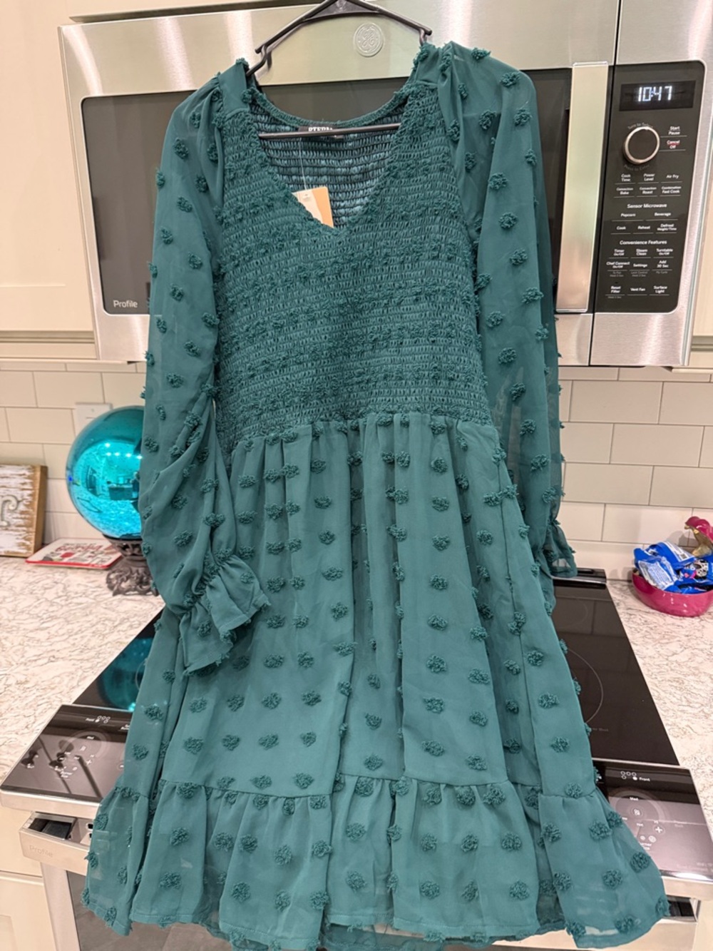 Teal Long-Sleeve Smocked Bodice Ruffle Hem Dress
